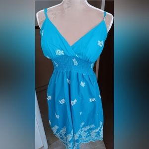 She’s Cool~ Bright Blue White Embroidered Boho Midi Sundress NWOT (Juniors L)